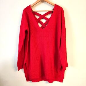 Womens 1X Ambiance Apparel Red Crisscross Back Knit Sweater